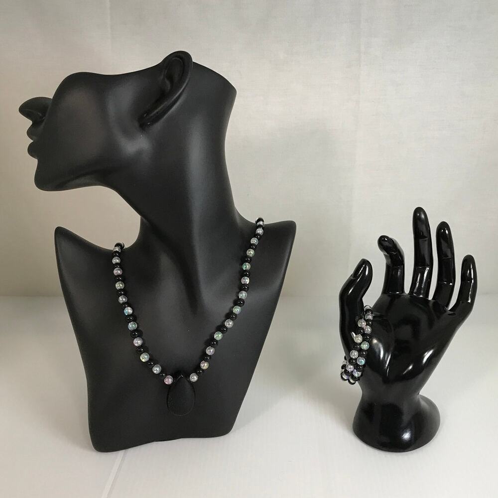 Retro Black Iridescent Beaded Necklace Screw Style Barrel Clasp Bracelet Set